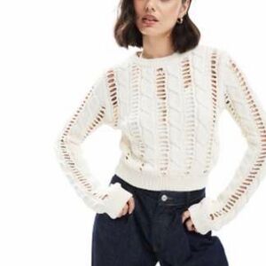 Bershka Women's Cream Cable-Knit Sweater